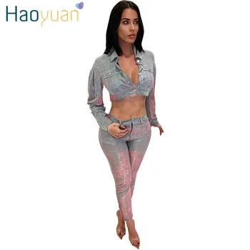 

HAOYUAN Sexy Silver Sequin Two Piece Sets Women Glitter Crop Top and Skinny Pants 2 Piece Club Outfits Sparkly Matching Sets