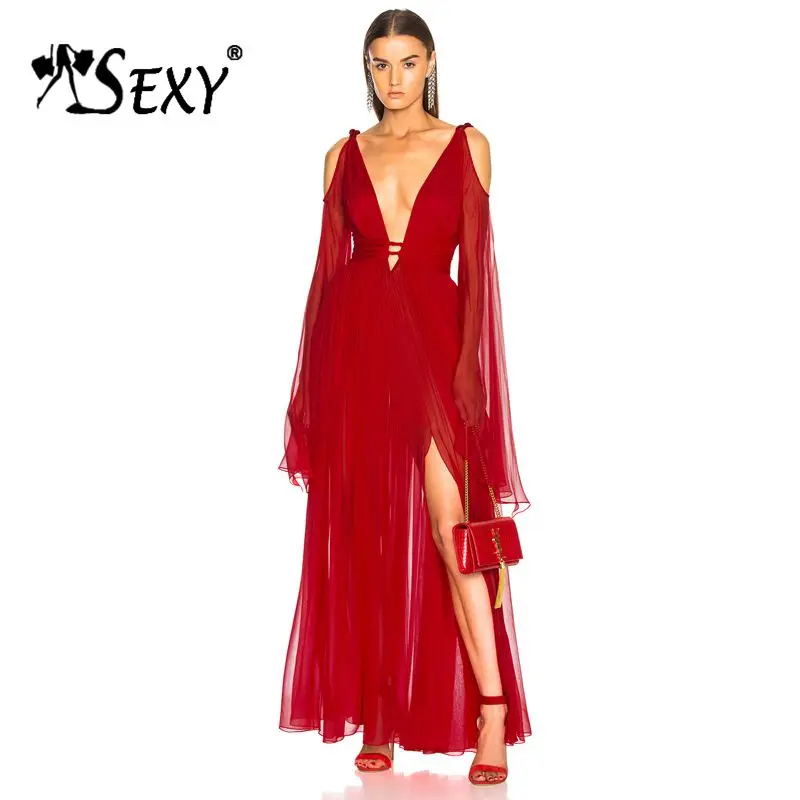 

Gosexy 2019 New Fashion Sexy Plunge Neckline Cutout Mesh Long Sleeves Loose Bodice Maxi Dress Red Party Slit Gown Vestidos