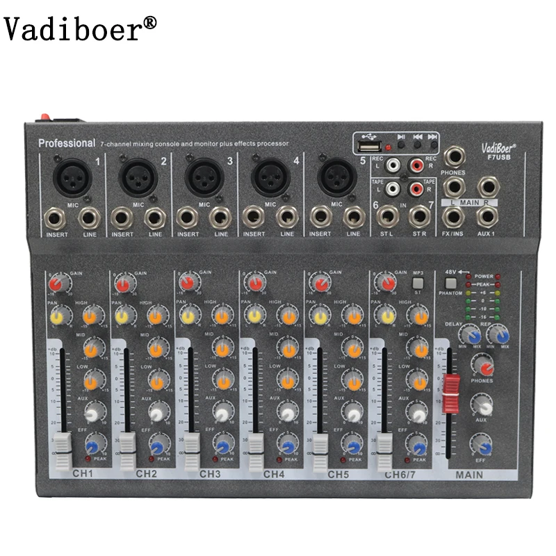 

Vadiboer F7 4 Channel Mixer For Stage Home Karaoke DJ 48V Phantom power USB echo voic effect audio mixer balanced power supply