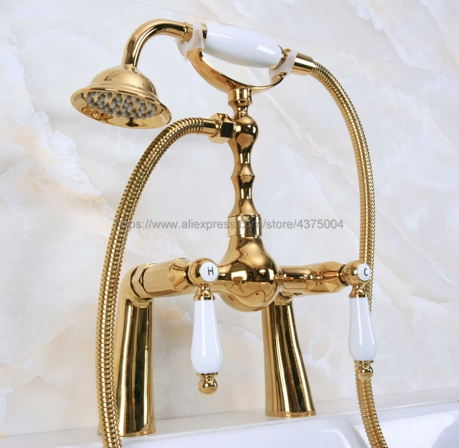 

Luxury Gold Color Brass Bathroom Bathtub Shower Faucet Deck Mounted Double Ceramic Handle with Hand Held Shower Nna136