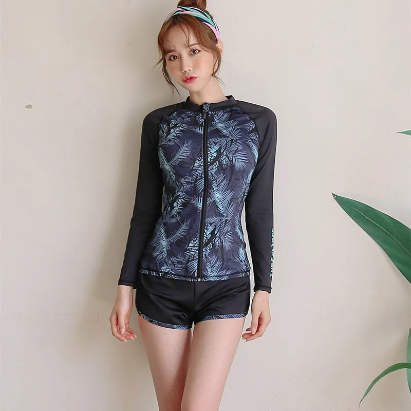 Men's 2 pcs / Women's 3 pcs Set Zip Front Long Sleeve Top and Bottoms Rashguards Swimsuit Swim Sun Shirt Trunks Matching Couples