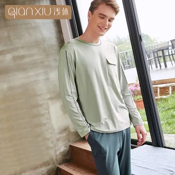 

Qiaxniu 2019 autumn Pajamas For Men long sleeve cotton high-grade Pajama sets men' s Household clothing suit solid colo