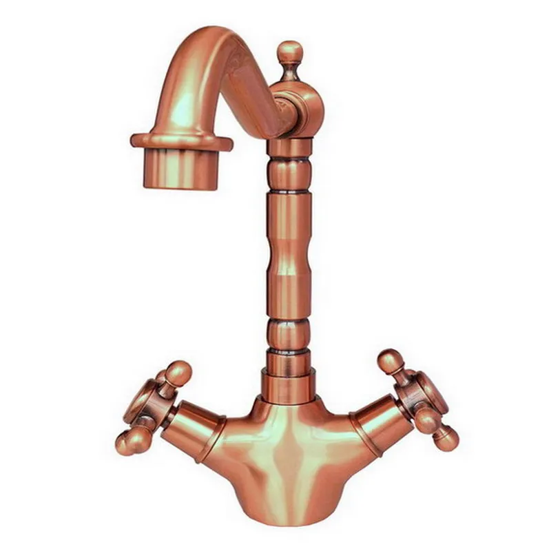 Antique Red Copper Bathroom Kitchen Vessel Sink Mixer Tap Faucet Swivel Spout Dual Cross Handles arg002