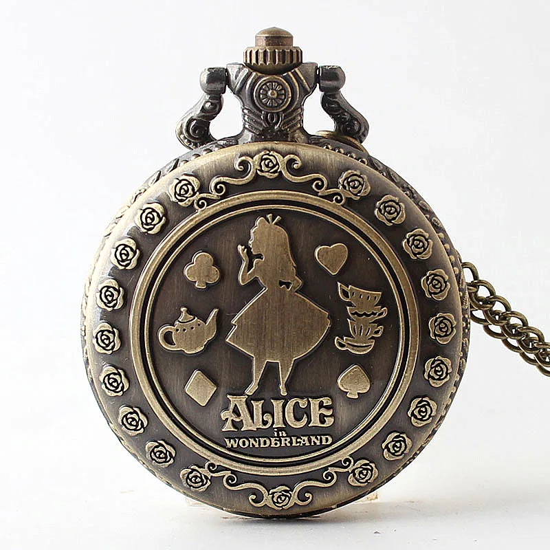 

New Arrival Vintage Alice in Wonderland Quartz Pocket Watches Analog Pendant Necklace Fob Watch