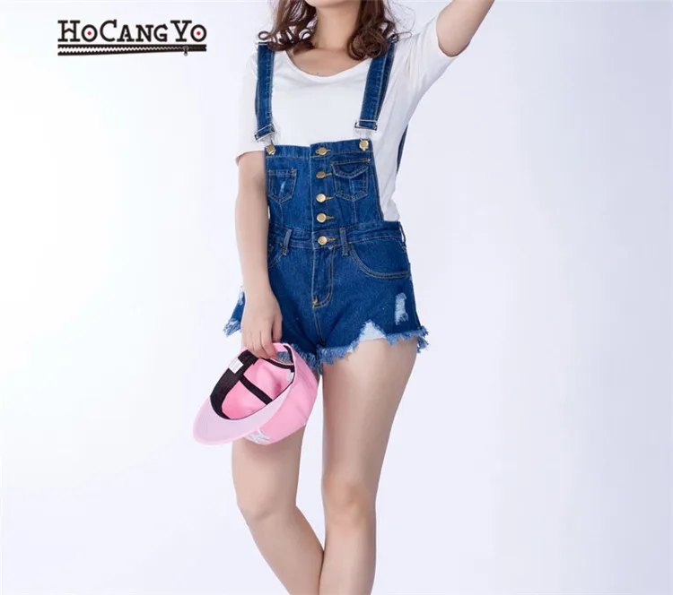2018 spring new hot cowboy bibs low waisted breasted hole Korean fashion strap shorts female (8)