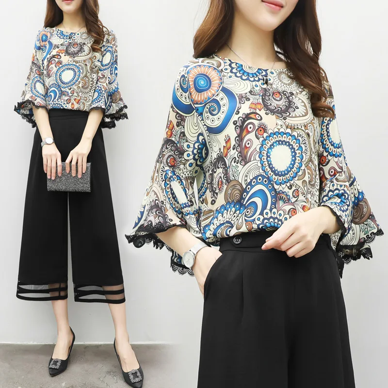 Nova Moda Verão Roupas femininas Chiffon Alargamento da Luva O Pescoço Flores Imprimir Duas Peças Define Conjuntos de Cor Sólida das Mulheres feminino