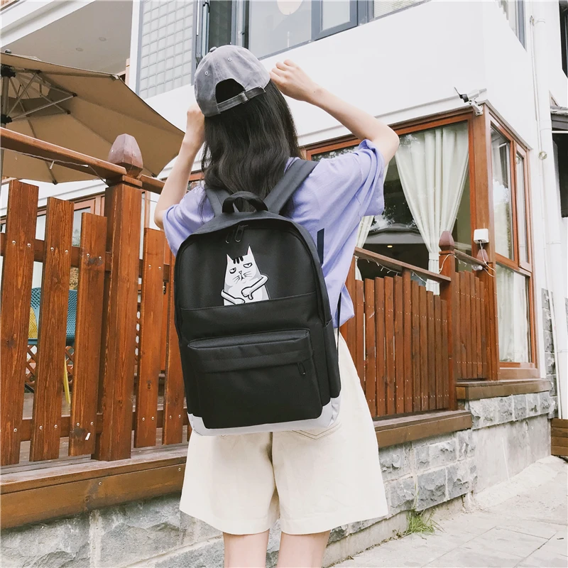 Menghuo Casual Women School Backpack Lovely Cat Printed Canvas Backpack Teenager Girls Large Capacity Ladies School Bag Mochilas (40)