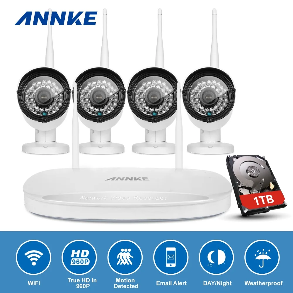 ANNKE 4CH 960P Wireless NVR Kit 4PCS 1.3MP CCTV IP Camera WIFI Security System Network Recorder Video Surveillance kit 1TB HDD