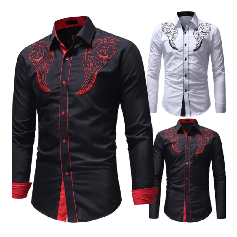 Модная мужская рубашка с длинным рукавом, хлопковая рубашка с вышивкой ...
