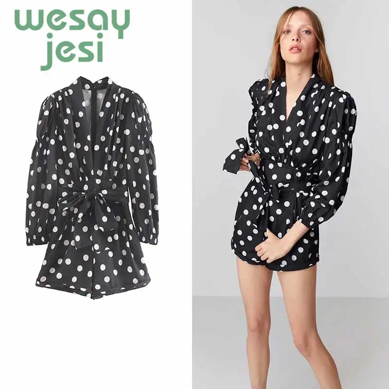 

Playsuit women england style v-neck polka dot printing sashes overalls rompers 2019 womens jumpsuit women plus size