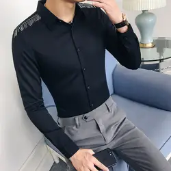 Рубашка в британском стиле для мужчин Мода 2018 Осень Slim Fit смокинг плеча кисточкой дизайн Мужская классическая рубашка с длинным рукавом