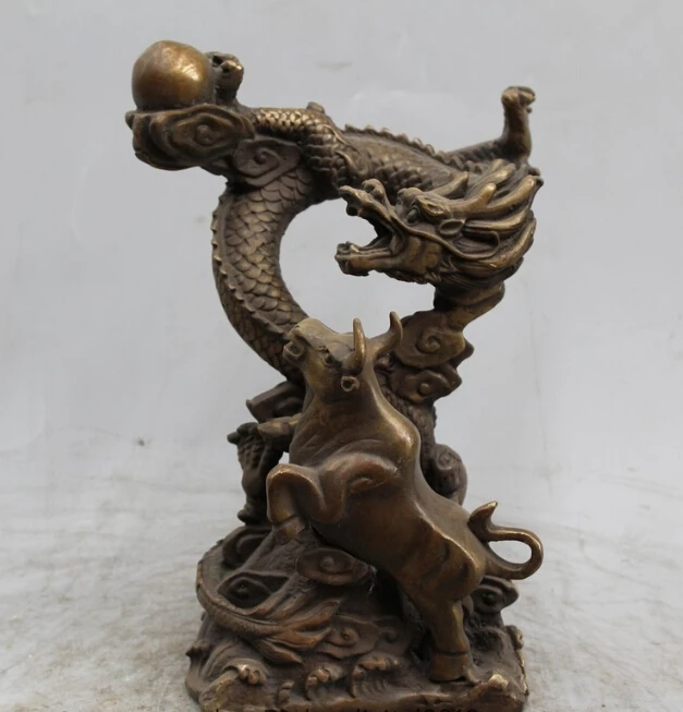 

10" Chinese Folk Feng Shui Bronze Zodiac Year Dragon Play Bead Bull Ox Statue