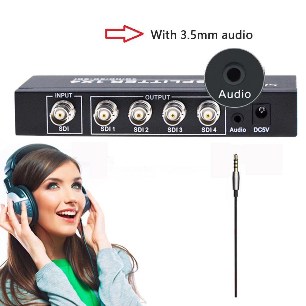 SGEYR 3G HD SDI Splitter 1x4 with 3.5mm Audio Output SDI Distribution Splitter1 input 4 output for Projector Monitor Camera