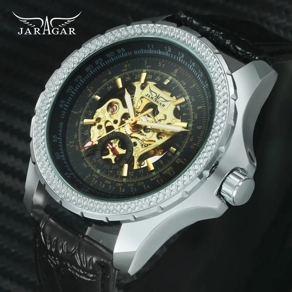 

JARAGAR Royal Business Auto Mechanical Watch Men Genuine Leather Strap Golden Skeleton Dial Gear Bezel Fashion Wrist Watches