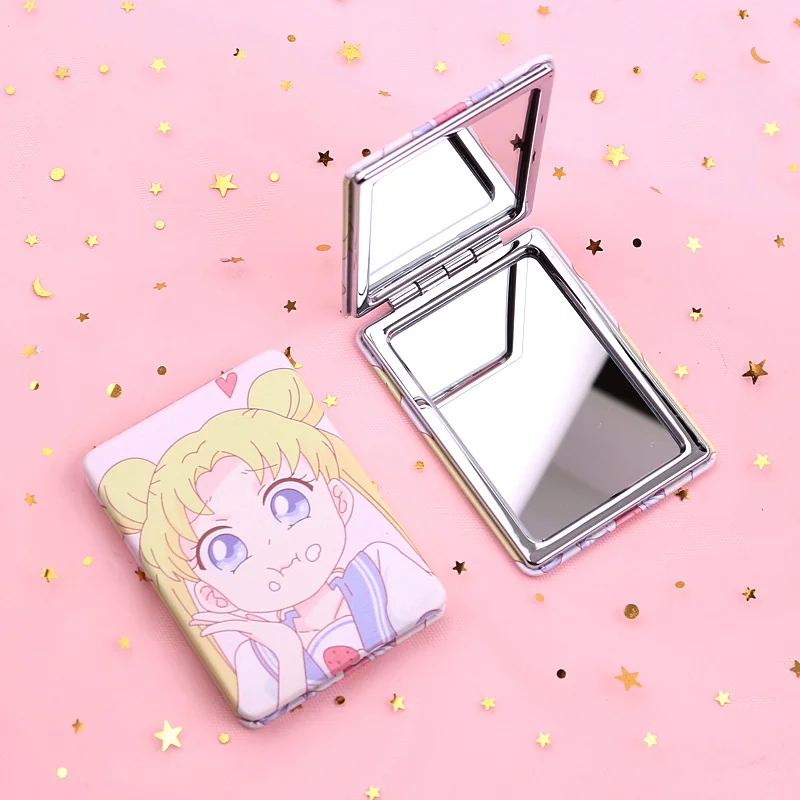 Портативное складное мини-зеркало из нержавеющей стали, металлическое косметическое карманное зеркало для макияжа, милые аксессуары для красоты - Цвет: Sailor Moon