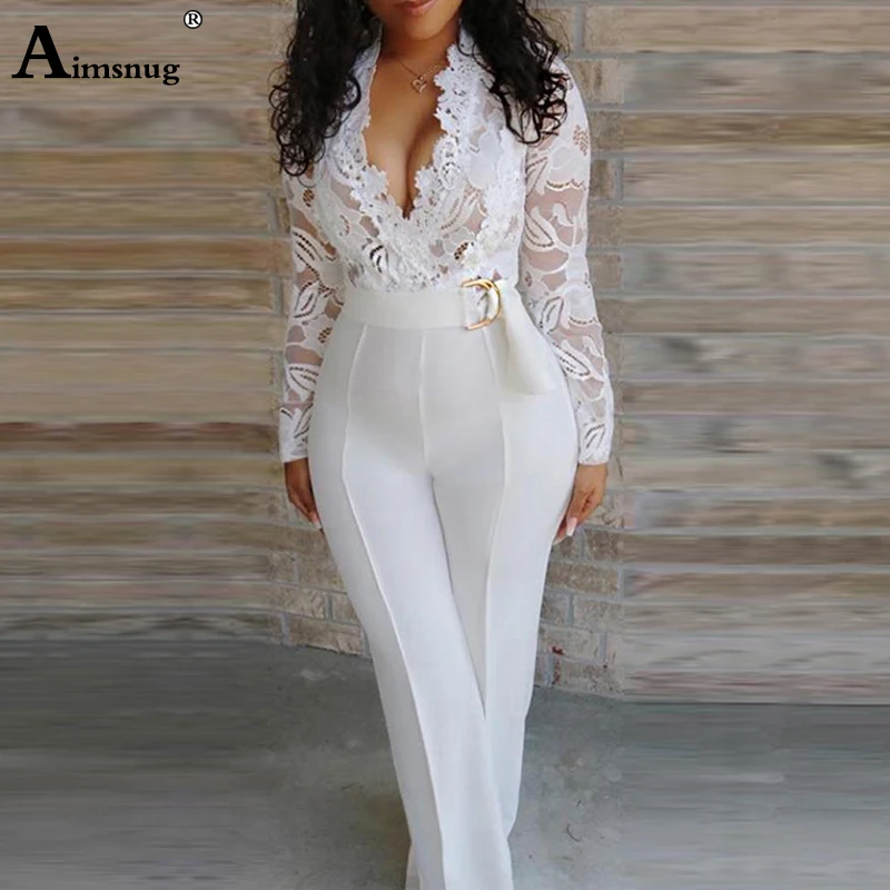 

2019 New Women Elegant Lace Sexy V-Neck Slim Fit Outfit Patchwork Crochet Plunge Eyelash Lace Bodice Insert Jumpsuit One Piece