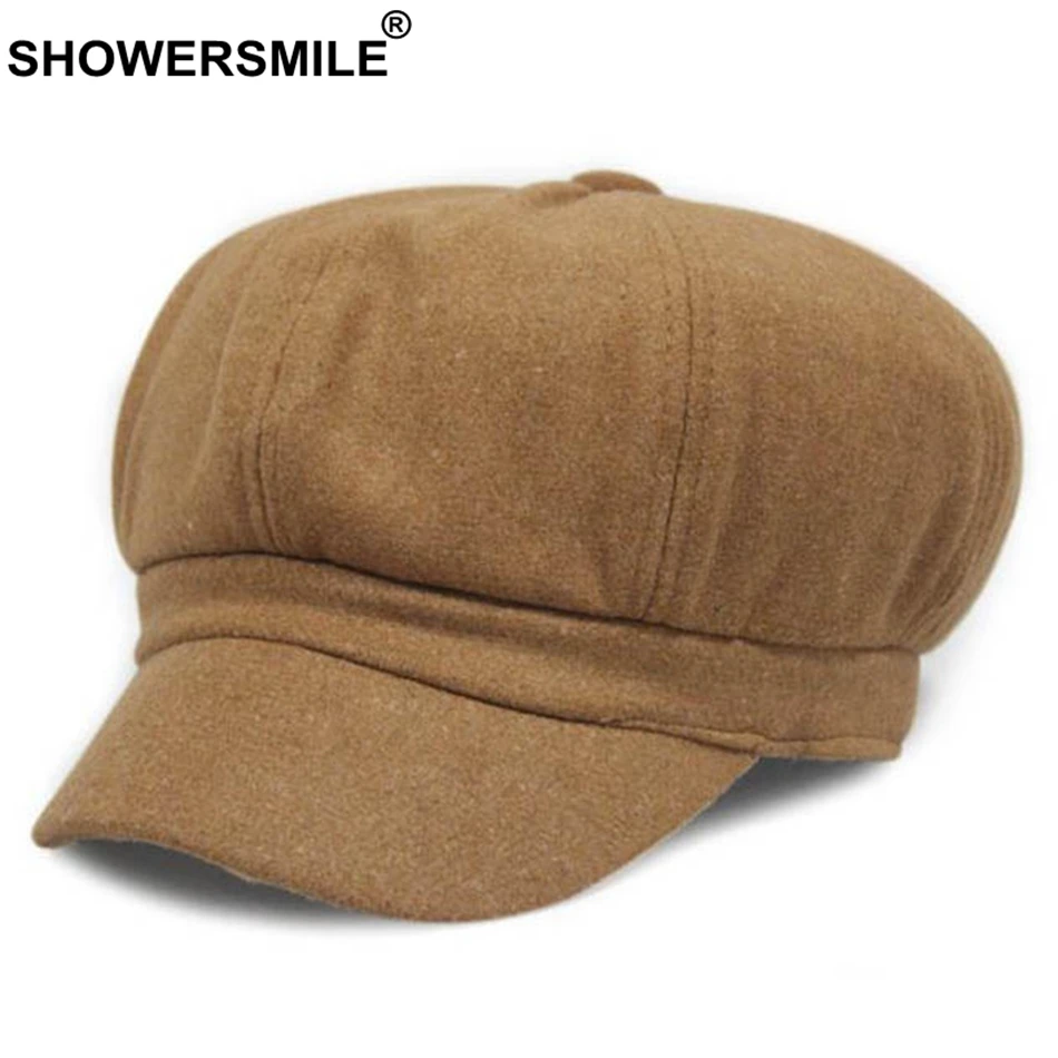 SHOWERSMILE, красная Шерстяная кепка Newsboy, женская теплая винтажная восьмиугольная шапка, женская шапка в британском стиле, осенне-зимняя Кепка на плоской подошве, Новинка - Цвет: Camel Hat