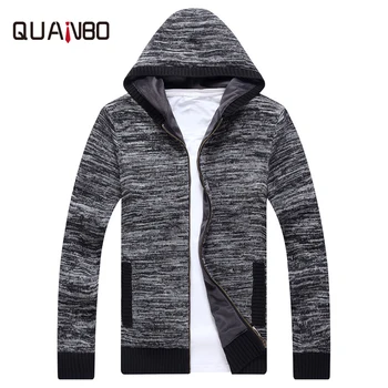 

QUANBO Brand 2018 New Arrival Autumn Whiter Fleece Thick Hooded Cardigan High quality Men Fashion Sweater Casual Knitted Coat