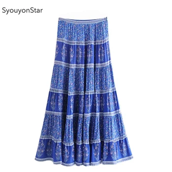 

SyouyonStar Boho Long Skirts Women 2019 Blue Bohemian Maxi Skirt jupe longue saia a line Holiday Skirt