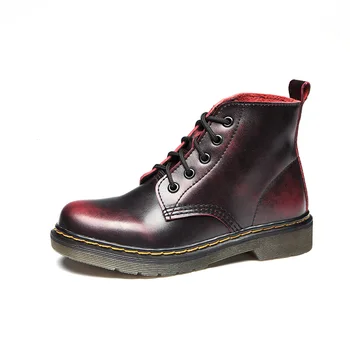 

Genuine Leather Women Boots Flat Round Toe Autumn Winter Women Shoes Fashion Lace Up Leather Motorcycle Ankle Boots Black