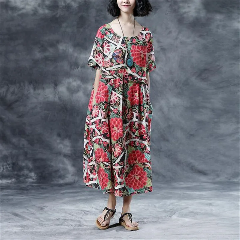 BUYKUD Women 2018 Floral Summer Printed Pleated Long Dress Short Sleeve Round Neck Casual loose Multi Color Dresses With Pocket | Женская