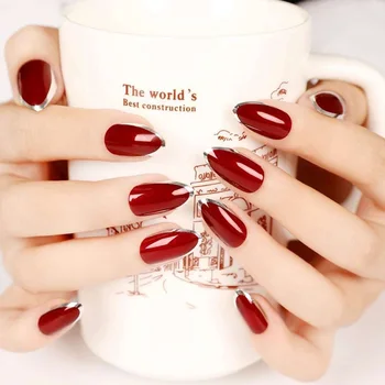 

DIY 24pcs Wine Red False Nails Acrylic Fake Nails Faux Metal Decoration Ongles Artificial Nail Tips with Glue TN