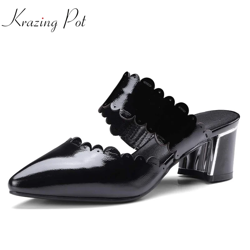 

Krazing pot mules shoes outside slippers sandals 2018 summer new patent leather pointed toe lacework high heels plus size L81