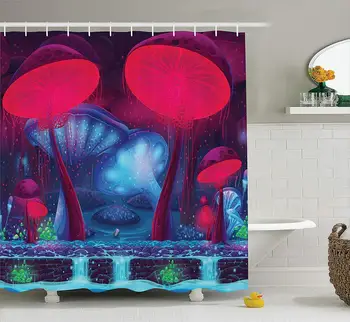 

Magic Mushrooms with Vibrant Neon Lights Graphic Image Enchanted Forest Theme Print Bathroom Accessories Blue Red