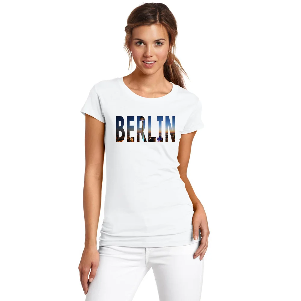 

BLWHSA Women's Classic Short Sleeve T-Shirt purpose Tourism City Berlin Design BERLIN Words Printed Cotton T Shirt for Female