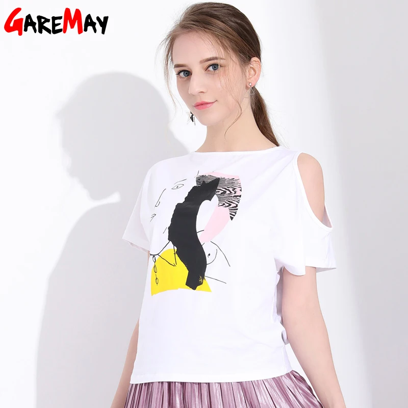 

GAREMAY Summer T Shirt Women Funny Casual Print Tee Shirt Femme Sexy Off Shoulder Short Sleeves Slim Top O-Neck Female T-shirt