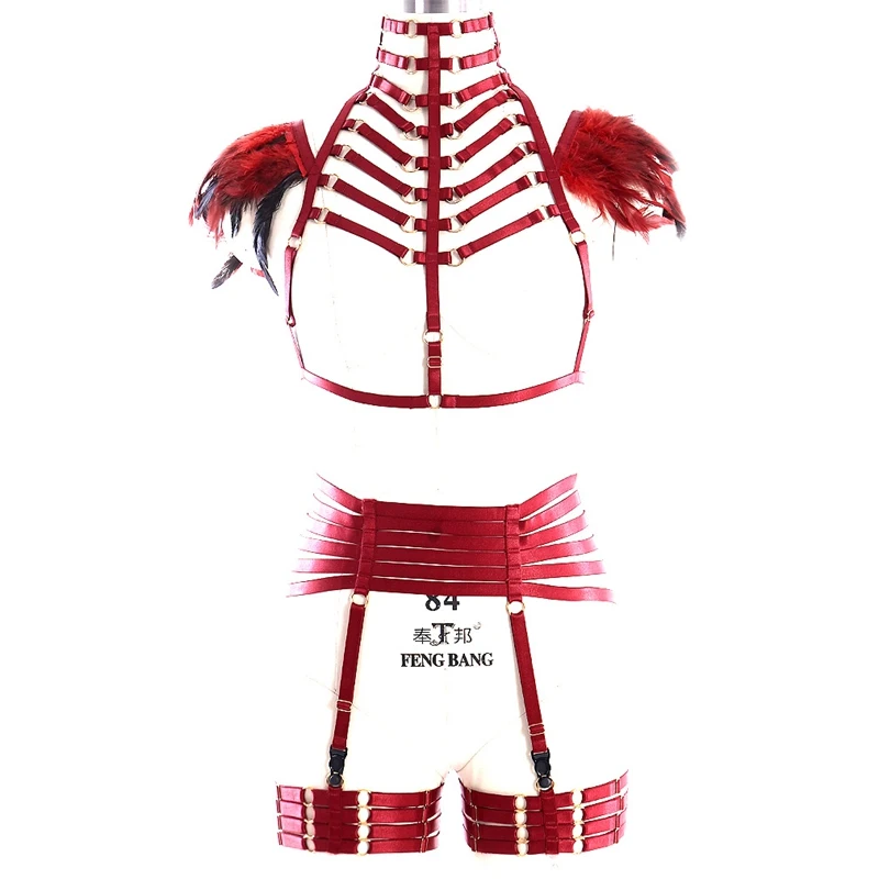 

1 Set Wine Red Harness Feather Epaulette Cage Tops halter with Garter Belts Leg harness Sexy Lingerie Bondage Belts Clothing