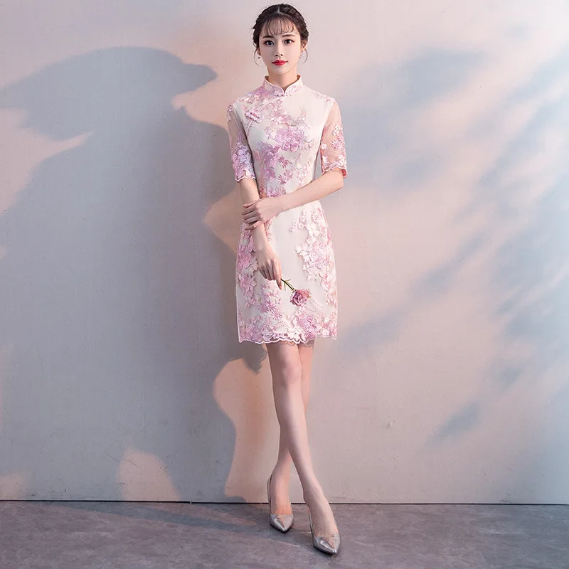 Pink Ladies Sexy Split Slim Cheongsam Elegant Embroidery Flower Qipao Vintage Handmade Button Chinese Dress XS S M L XL XXL