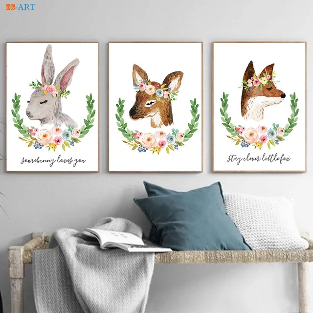 Deer Rabbit Fox Canvas Painting Prints Minimalist Wall Art Deer Rabbit Fox Canvas Painting Prints Minimalist Wall Art Framed Nursery Animal Poster Kids Room