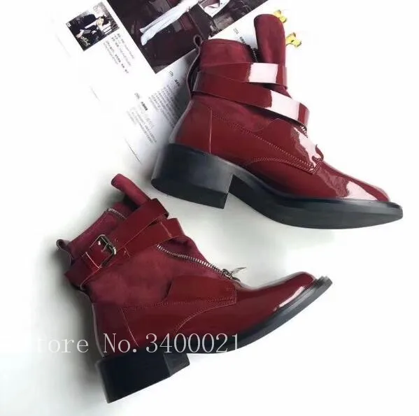 

Runway Red Leather Zipper Ankle Buckles Women Ankles Boots Punk Flats Shoes Woman Sapatos Large Size 41 Botines