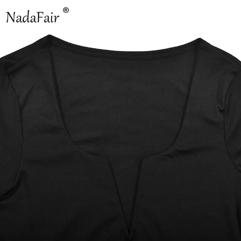 Nadafair black white red long sleeve casual t shirts women teens autumn v neck slim sexy tops 2018 new arrival solid t-shirts