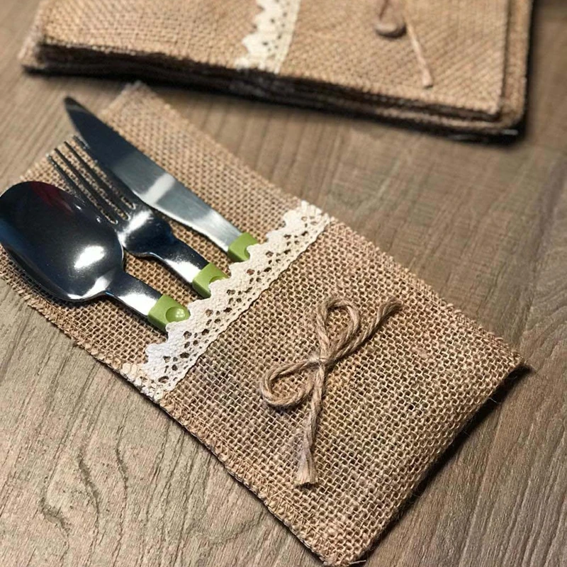 

24PCS Country Wedding Table Silverware Holder Natural Burlap Cutlery Pockets Fork Pockets rustic wedding decoration centerpieces