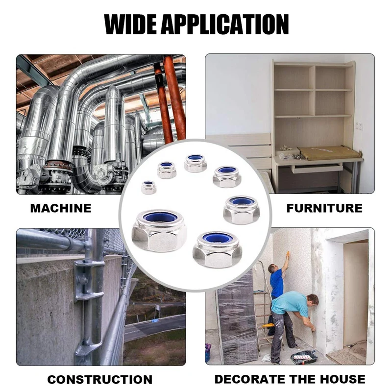 Самоблокирующиеся гайки 100 шт 304 Метрическая нейлоновая Стопорная гайка из нержавеющей стали набор-7 размеров: M3 M4 m5 m6 m8 m10 m12