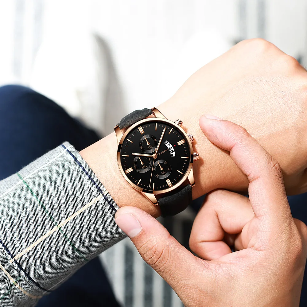 

CUENA Men's Fashion Sport Stainless Steel Case Leather Band Quartz Analog Wrist Watch mens watches top brand luxury Wristwatches