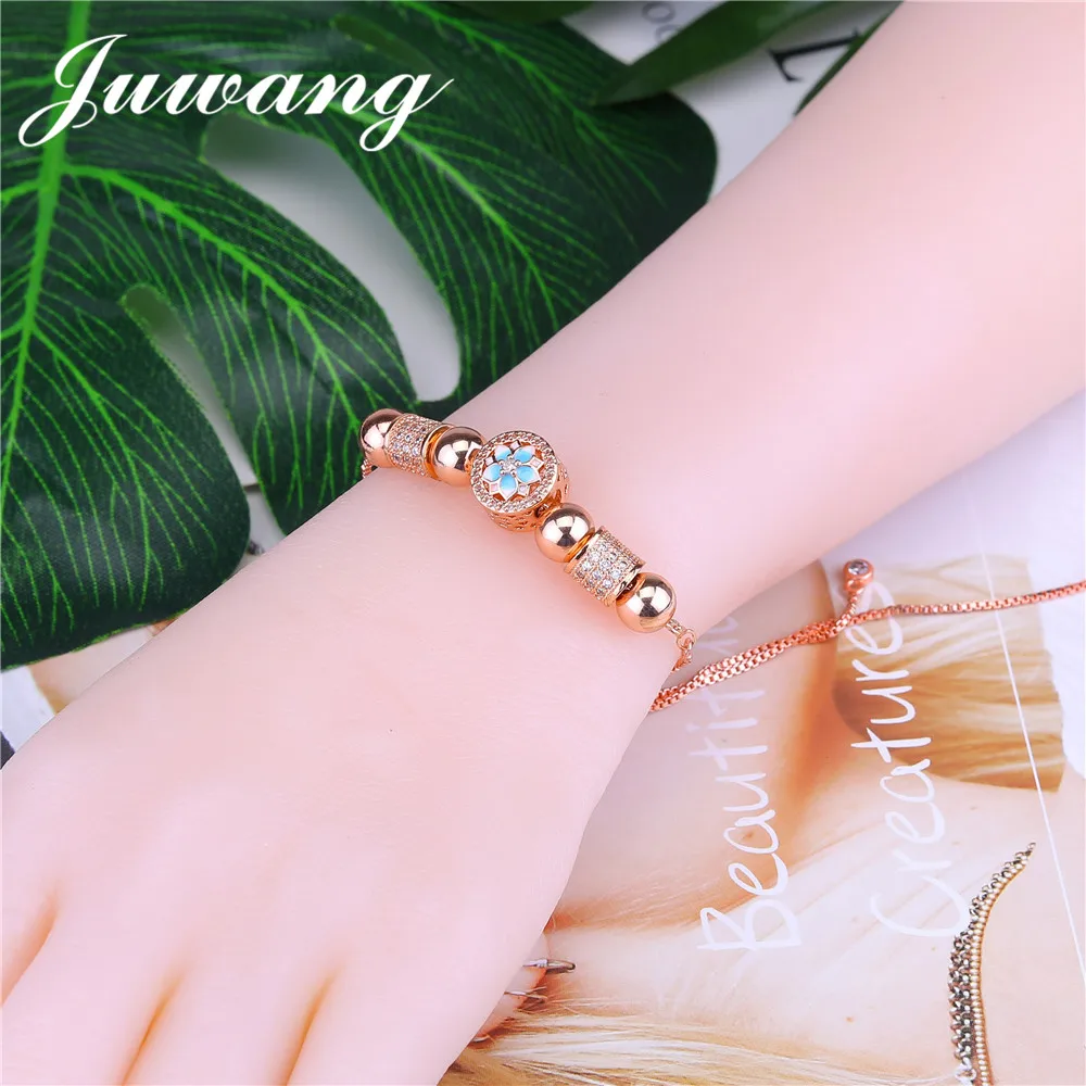 JUWANG 2018 New Flower Beads Charm Bracelets & Bangles for Woman Girl Rose Gold Color Cubic Zircons Bracelets Fashion Jewelry Fashion Jewelry