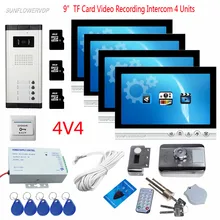 For 4 Apartments 9″ Color 8GB TF Card Recording Video Door Phone Video Camera For Door Camera Video Door Bell + Rfid Door Lock