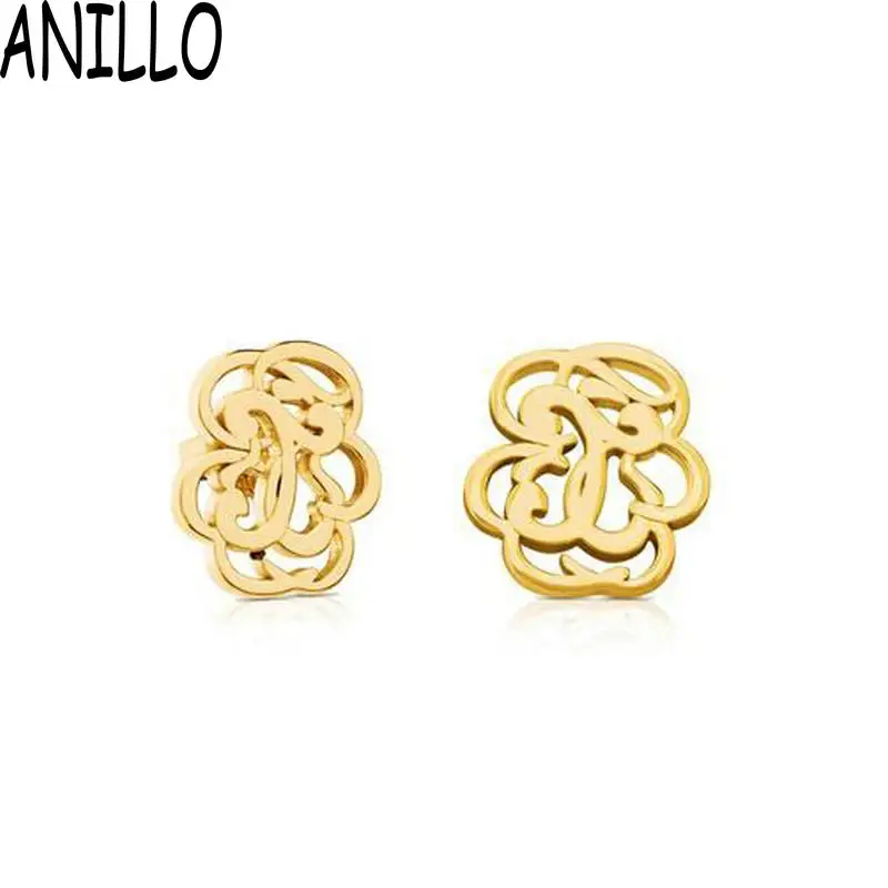 

ANILLO Women Stud Earrings Gold Color Stainless Steel Hollow Out Plant Charm Wedding Girl Jewelry
