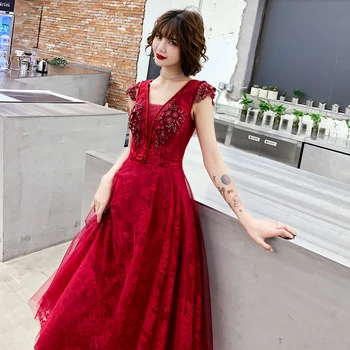 

Appliques Women Cheongsam Lace Burgundy Evening Party Gown Sexy Luxury Elegant Mesh Dress With Bandage Rhinestone Qipao Vestidos