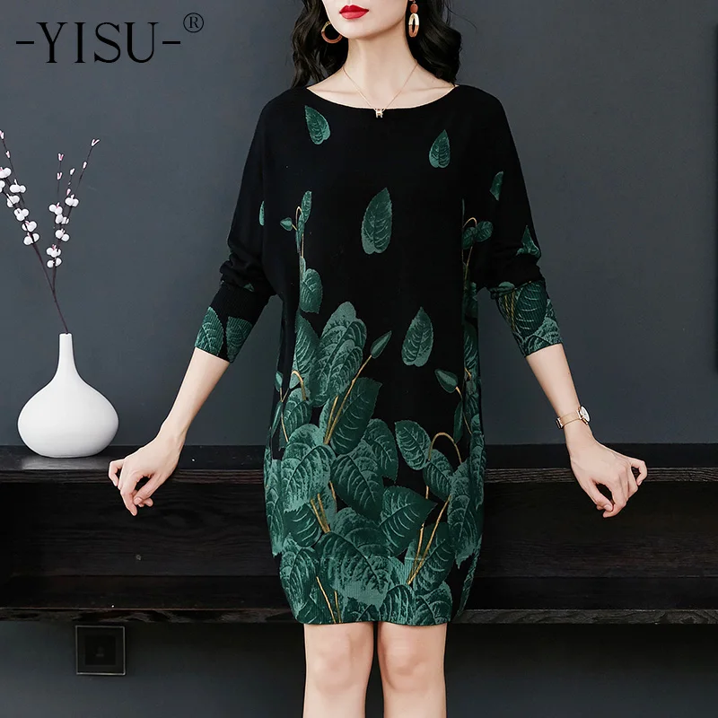 

YISU New Women Sweater Long Sleeves Autumn Winter Knitted sweaters Pullovers Female Warm Tops Large Size Leaves Print Sweater