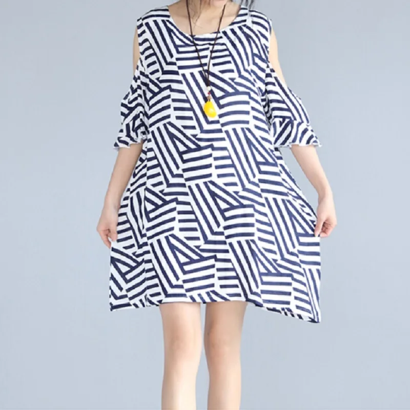 2017 Женщины Лето Хлопок Белье Mini Dress Геометрический Узор С Плеча Коротким Рукавом