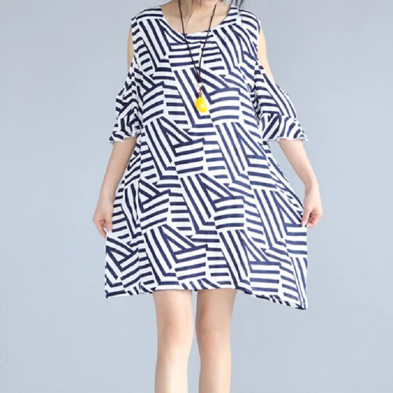 2017 Women Summer Cotton Linen Mini Dress Geometric Pattern Off The ...