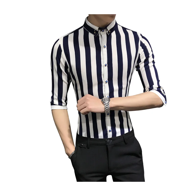 

2019 Summer Youth Sleeves Two-Color Striped Shirt High Quality Party Casual Slim Men'S Comfortable Shirt