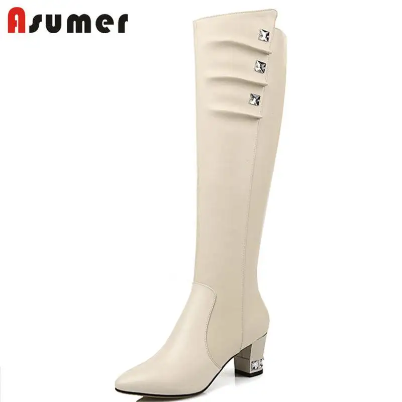 

ASUMER SIZE 34-43 2018 NEW fashion pointed toe knee high boot rhinestone genuine leather +PU boots zipper high heel winter boots