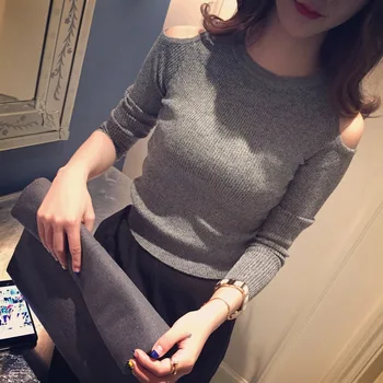 

Korean Style O-Neck Sexy Off Shoulder Sweaters Pullovers Fashion Solid Femme Casual Long Sleeve Pullover Tops Woman Clothes