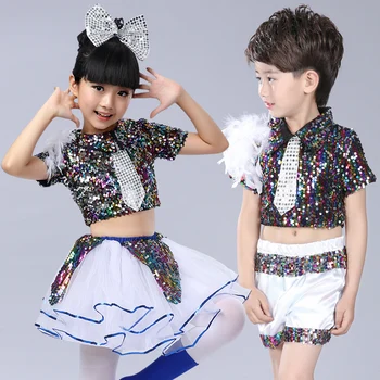 

Boys Hip Hop Dance Costume Girls Jazz Tutu Skirt Kids Street Dance Clothing Sequined Suit Children Stage Performance Wear DN1910