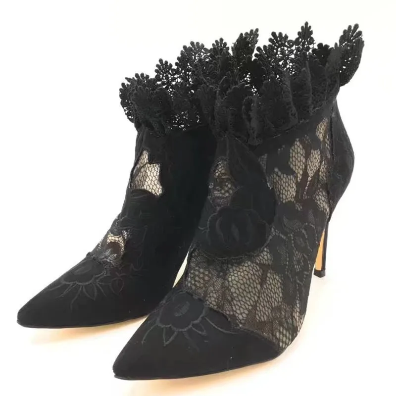 

Sexy Black Flower Embroider Summer Ankle Boots Lace Leather High Heel Mesh Women Shoes Back Zipper Elegant Party Women Pumps